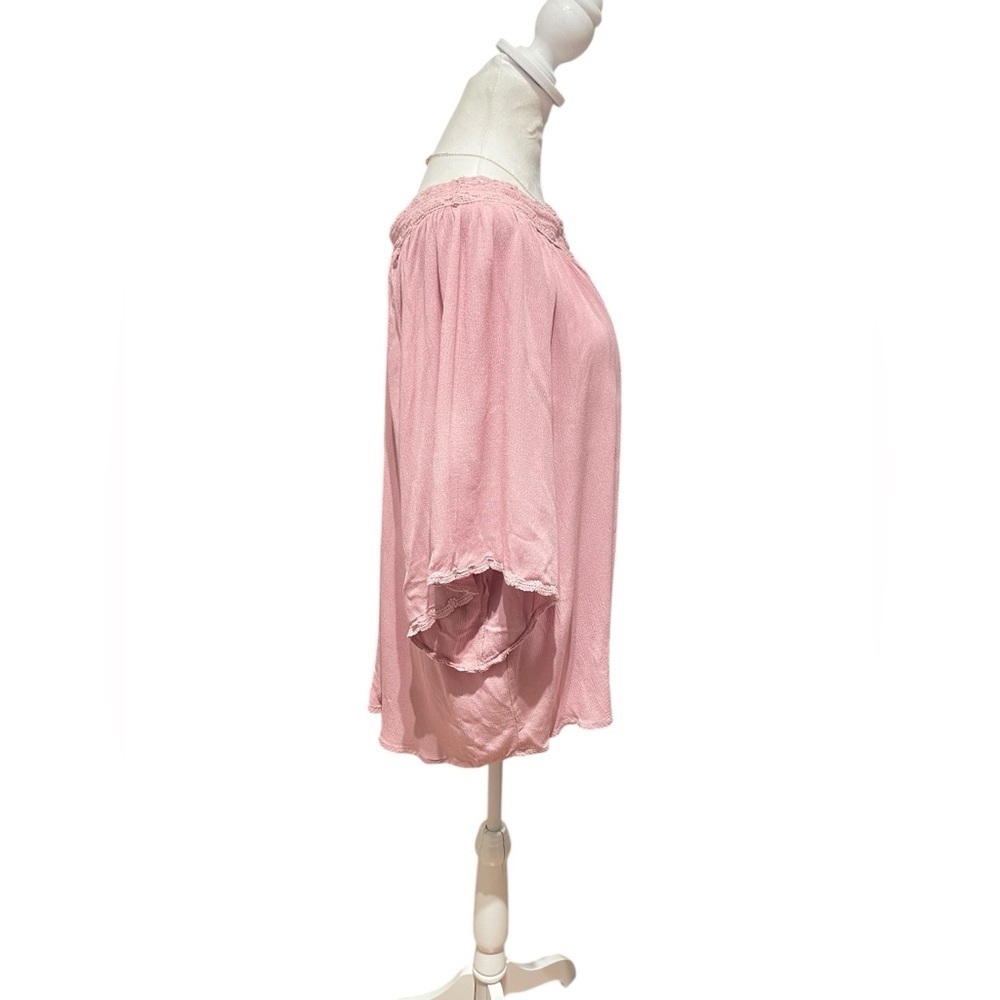 Romantic Blush Pink 1X Flowy Tunic – Cottagecore Smocked Neck & Floral Hem - Picture 6 of 7